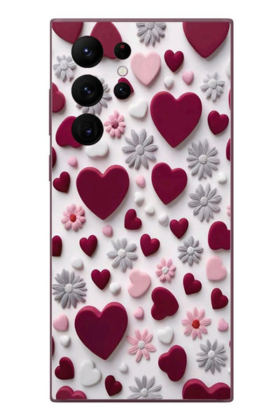 Le Balvo Samsung Galaxy S22 Ultra Uyumlu Kırmızı ve Pembe Kalpler Baskılı Silikon Kılıf