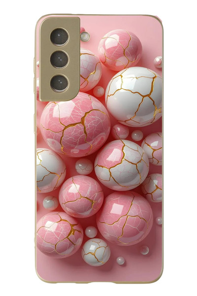 Le Balvo Samsung Galaxy S21 FE Uyumlu Pembe Beyaz Kırık Toplar Baskılı Silikon Kılıf