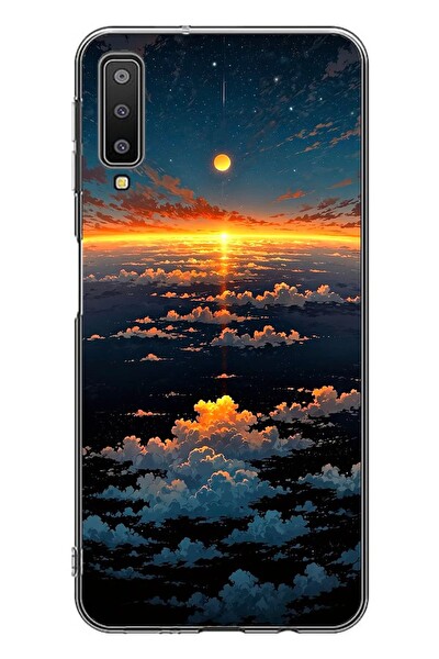 Le Balvo Samsung Galaxy A7 2018 Uyumlu Gün Batımı ve Ay Baskılı Silikon Kılıf