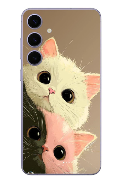 Le Balvo Samsung Galaxy S24 Plus Uyumlu Pembe Siyah Beyaz Kedi Baskılı Silikon Kılıf