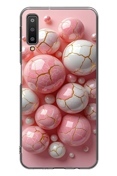 Le Balvo Samsung Galaxy A7 2018 Uyumlu Pembe Beyaz Kırık Toplar Baskılı Silikon Kılıf
