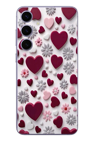 Le Balvo Samsung Galaxy S24 Plus Uyumlu Kırmızı ve Pembe Kalpler Baskılı Silikon Kılıf