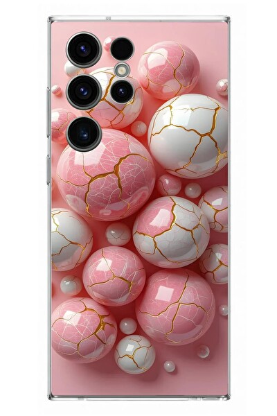 Le Balvo Samsung Galaxy S23 Ultra Uyumlu Pembe Beyaz Kırık Toplar Baskılı Silikon Kılıf