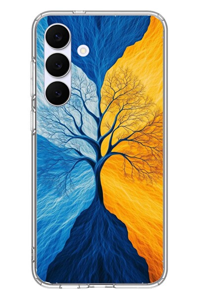 Le Balvo Samsung Galaxy S25 FE Uyumlu Sarı Mavi Ağaç Baskılı Silikon Kılıf