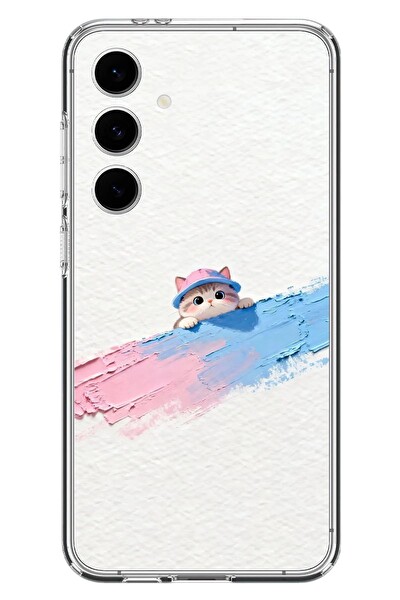 Le Balvo Samsung Galaxy S24 FE Uyumlu Pembe Mavi Kedi Baskılı Silikon Kılıf