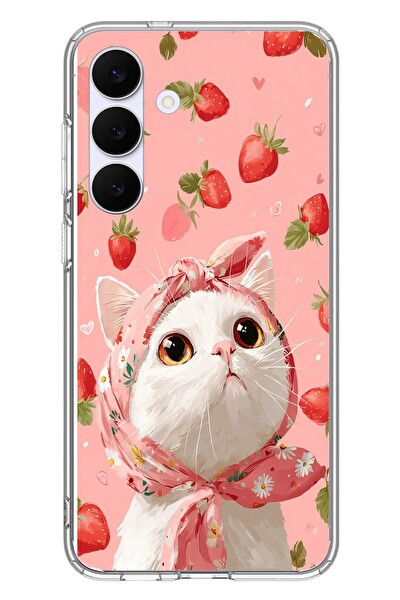 Le Balvo Samsung Galaxy S25 FE Uyumlu Örtülü Kedi Çilekli Baskılı Silikon Kılıf