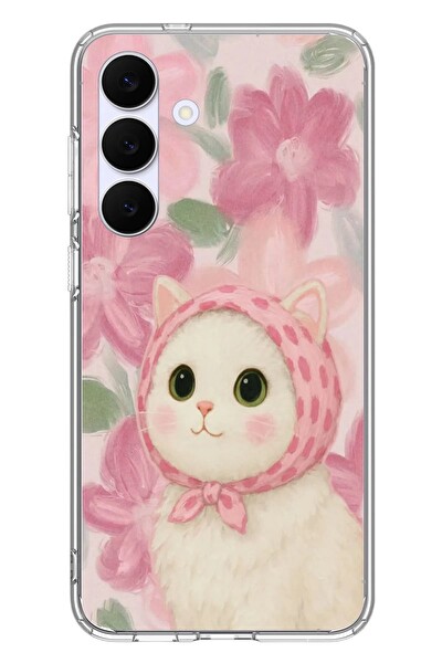 Le Balvo Samsung Galaxy S25 FE Uyumlu Pembe Örtülü Kedi Baskılı Silikon Kılıf