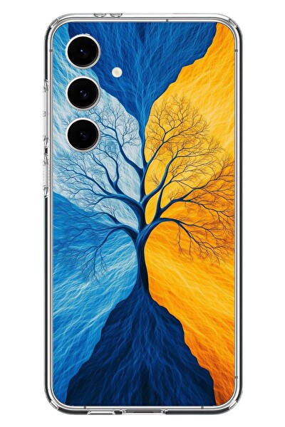 Le Balvo Samsung Galaxy S24 FE Uyumlu Sarı Mavi Ağaç Baskılı Silikon Kılıf
