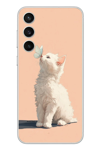 Le Balvo Samsung Galaxy S23 FE Uyumlu Beyaz Kelebekli Kedi Baskılı Silikon Kılıf