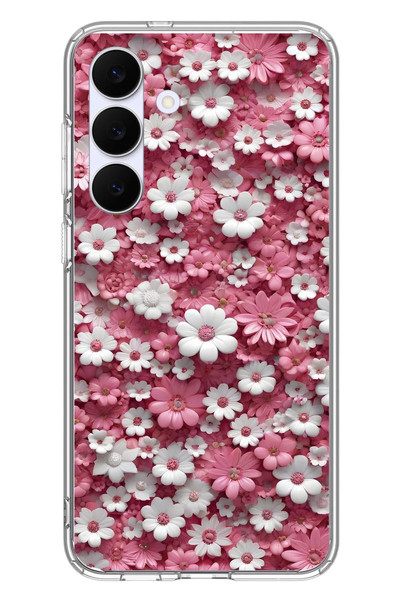 Le Balvo Samsung Galaxy S25 FE Uyumlu Beyaz Pembe Papatyalar Baskılı Silikon Kılıf