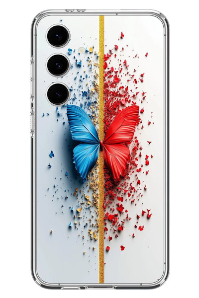 Le Balvo Samsung Galaxy S24 FE Uyumlu Kırmızı Mavi Kelebek Baskılı Silikon Kılıf