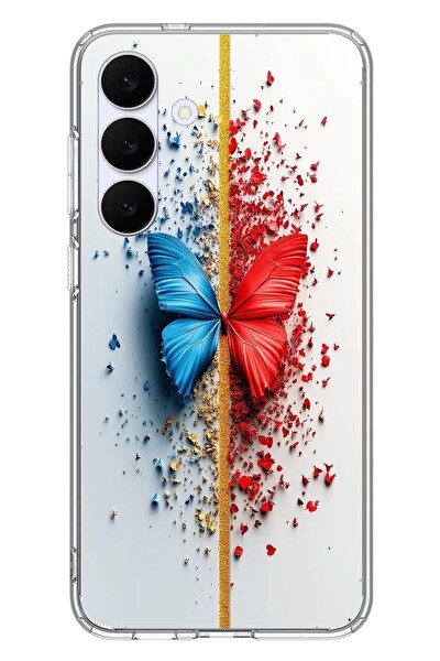 Le Balvo Samsung Galaxy S25 FE Uyumlu Kırmızı Mavi Kelebek Baskılı Silikon Kılıf