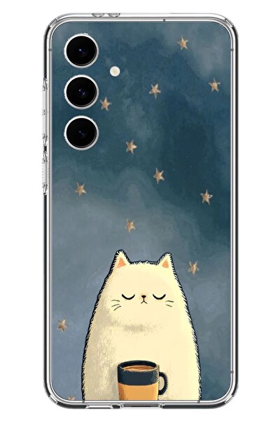 Le Balvo Samsung Galaxy S24 FE Uyumlu Kahveci Beyaz Kedir Baskılı Silikon Kılıf
