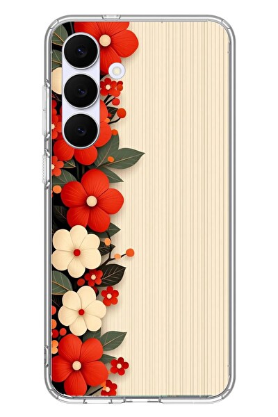 Le Balvo Samsung Galaxy S25 FE Uyumlu Kırmızı Beyaz Çiçekler Baskılı Silikon Kılıf