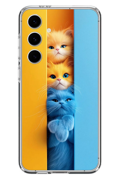 Le Balvo Samsung Galaxy S24 FE Uyumlu Mavi Sarı Kediler Baskılı Silikon Kılıf