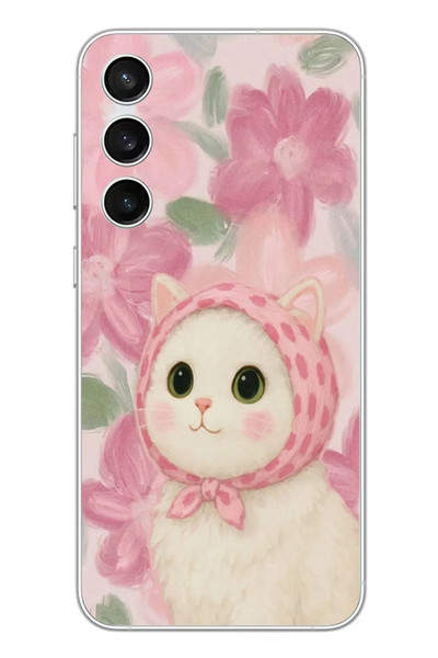 Le Balvo Samsung Galaxy S23 FE Uyumlu Pembe Örtülü Kedi Baskılı Silikon Kılıf