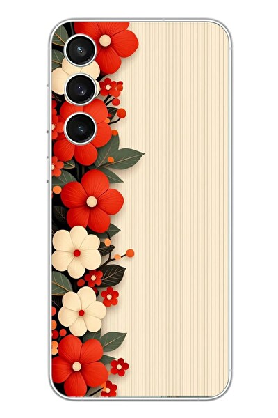 Le Balvo Samsung Galaxy S23 FE Uyumlu Kırmızı Beyaz Çiçekler Baskılı Silikon Kılıf