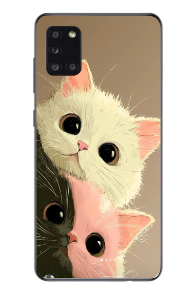 Le Balvo Samsung Galaxy A31 Uyumlu Pembe Siyah Beyaz Kedi Baskılı Silikon Kılıf