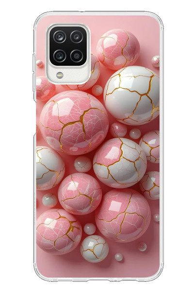 Le Balvo Samsung Galaxy A12 Uyumlu Pembe Beyaz Kırık Toplar Baskılı Silikon Kılıf