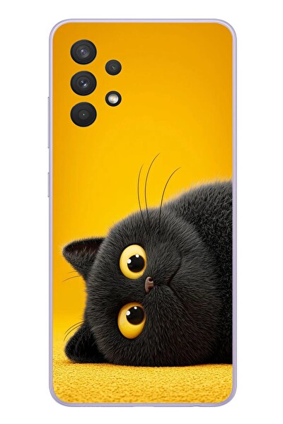 Le Balvo Samsung Galaxy A32 Uyumlu Yan Bakan Siyah Kedi Baskılı Silikon Kılıf