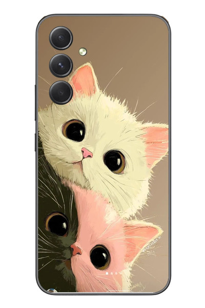 Le Balvo Samsung Galaxy A54 Uyumlu Pembe Siyah Beyaz Kedi Baskılı Silikon Kılıf