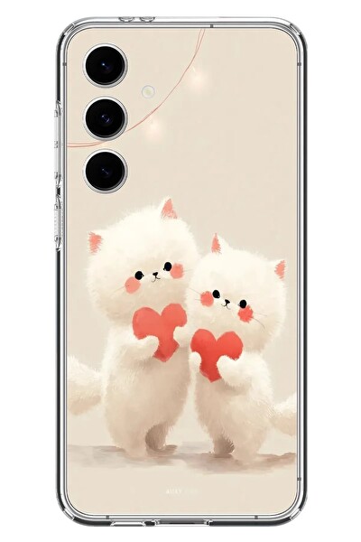 Le Balvo Samsung Galaxy S24 FE Uyumlu Kalpli Beyaz Kediler Baskılı Silikon Kılıf
