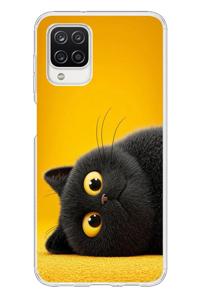 Le Balvo Samsung Galaxy A12 Uyumlu Yan Bakan Siyah Kedi Baskılı Silikon Kılıf
