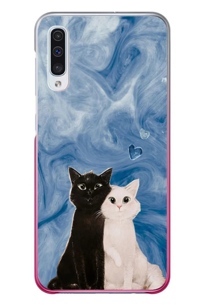 Le Balvo Samsung Galaxy A50 Uyumlu Siyah ve Beyaz Kedi Baskılı Silikon Kılıf