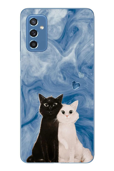 Le Balvo Samsung Galaxy M52 Uyumlu Siyah ve Beyaz Kedi Baskılı Silikon Kılıf