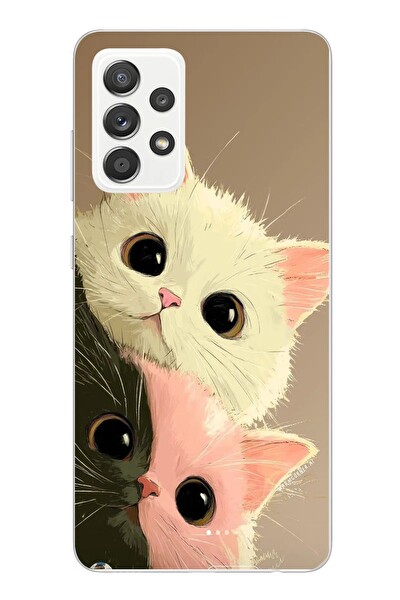 Le Balvo Samsung Galaxy A52 Uyumlu Pembe Siyah Beyaz Kedi Baskılı Silikon Kılıf