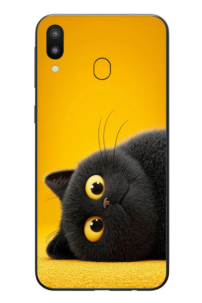 Le Balvo Samsung Galaxy M20 Uyumlu Yan Bakan Siyah Kedi Baskılı Silikon Kılıf