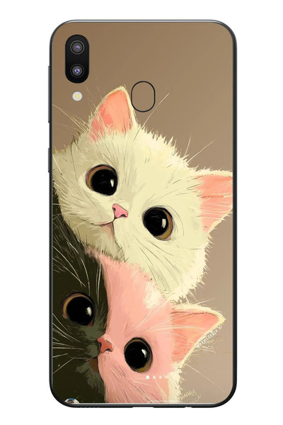Le Balvo Samsung Galaxy M20 Uyumlu Pembe Siyah Beyaz Kedi Baskılı Silikon Kılıf