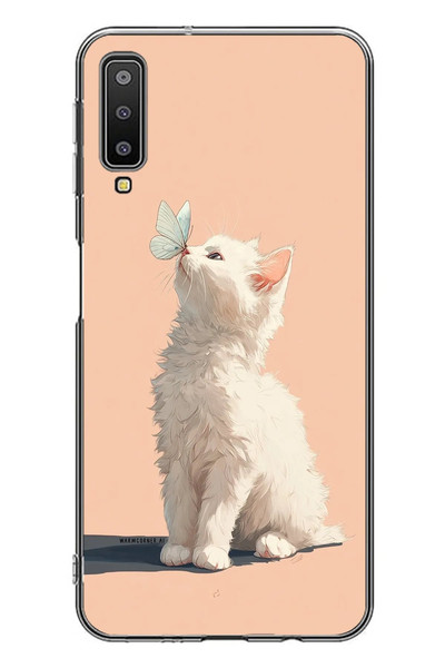 Le Balvo Samsung Galaxy A7 2018 Uyumlu Beyaz Kelebekli Kedi Baskılı Silikon Kılıf