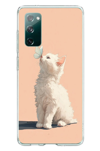 Le Balvo Samsung Galaxy S20 FE Uyumlu Beyaz Kelebekli Kedi Baskılı Silikon Kılıf