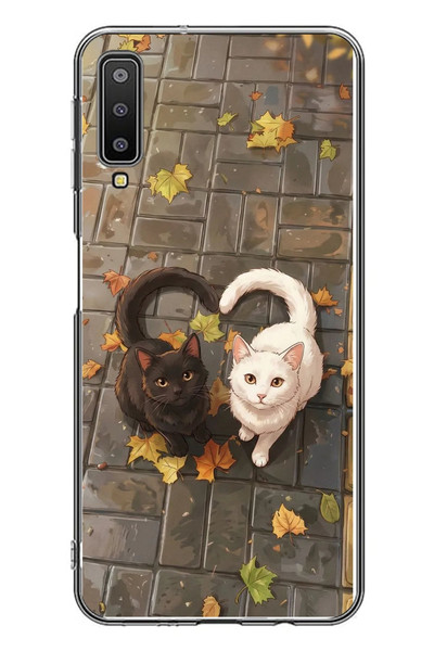 Le Balvo Samsung Galaxy A7 2018 Uyumlu Kalp Kuyruklu Kediler Baskılı Silikon Kılıf