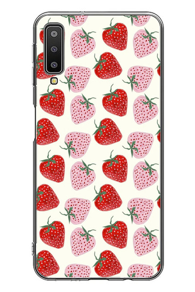 Le Balvo Samsung Galaxy A7 2018 Uyumlu Kırmızı Pembe Çilekler Baskılı Silikon Kılıf