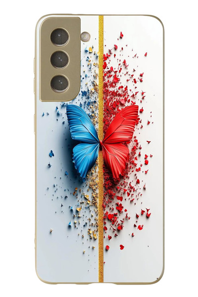 Le Balvo Samsung Galaxy S21 FE Uyumlu Kırmızı Mavi Kelebek Baskılı Silikon Kılıf