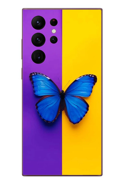 Le Balvo Samsung Galaxy S22 Ultra Uyumlu Mor Sarı Kelebek Baskılı Silikon Kılıf
