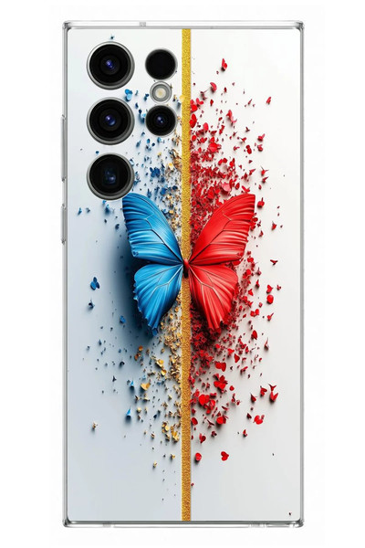 Le Balvo Samsung Galaxy S23 Ultra Uyumlu Kırmızı Mavi Kelebek Baskılı Silikon Kılıf