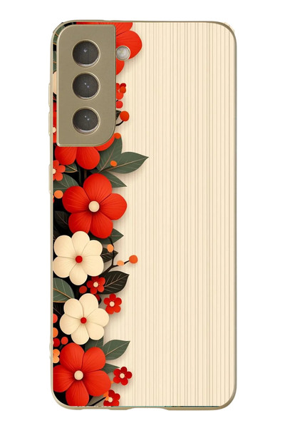 Le Balvo Samsung Galaxy S21 FE Uyumlu Kırmızı Beyaz Çiçekler Baskılı Silikon Kılıf