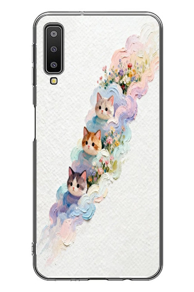 Le Balvo Samsung Galaxy A7 2018 Uyumlu Yağlı Boya Kediler Baskılı Silikon Kılıf
