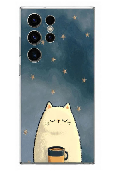 Le Balvo Samsung Galaxy S23 Ultra Uyumlu Kahveci Beyaz Kedir Baskılı Silikon Kılıf