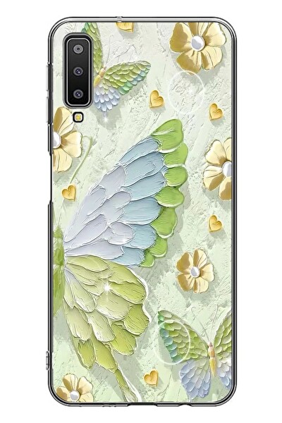 Le Balvo Samsung Galaxy A7 2018 Uyumlu Yeşil Mavi Kelebek Baskılı Silikon Kılıf