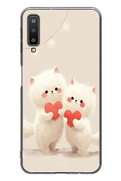 Le Balvo Samsung Galaxy A7 2018 Uyumlu Kalpli Beyaz Kediler Baskılı Silikon Kılıf