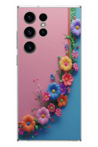 Le Balvo Samsung Galaxy S23 Ultra Uyumlu Pembe Mavi Sarmaşık Baskılı Silikon Kılıf
