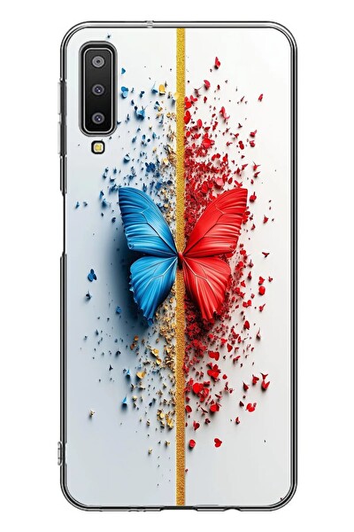 Le Balvo Samsung Galaxy A7 2018 Uyumlu Kırmızı Mavi Kelebek Baskılı Silikon Kılıf