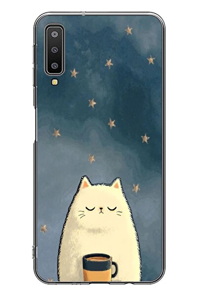 Le Balvo Samsung Galaxy A7 2018 Uyumlu Kahveci Beyaz Kedir Baskılı Silikon Kılıf