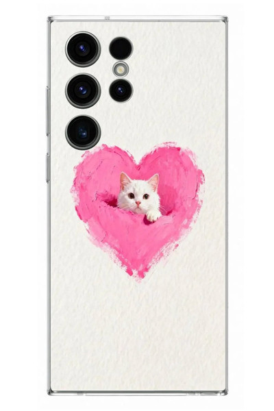 Le Balvo Samsung Galaxy S23 Ultra Uyumlu Pembe Kalpli Kedi Baskılı Silikon Kılıf