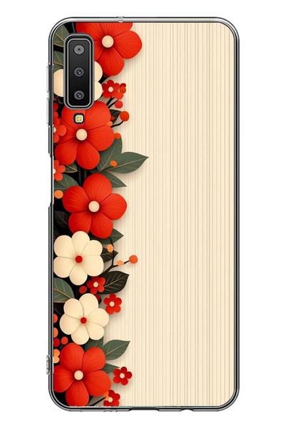 Le Balvo Samsung Galaxy A7 2018 Uyumlu Kırmızı Beyaz Çiçekler Baskılı Silikon Kılıf