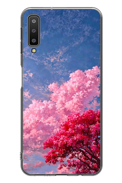 Le Balvo Samsung Galaxy A7 2018 Uyumlu Kırmızı Pembe Ağaçlar Baskılı Silikon Kılıf